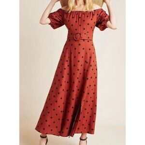 Anthropologie Maeve Lucienne Off-The-Shoulder Brown Polka Dot Maxi Dress Size 6